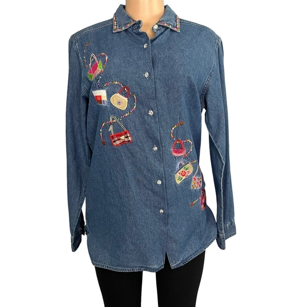 3/$30 ☀️ Bobbie Brooks Vintage Denim Embroidered Chic Shirt Rhinestones Purses